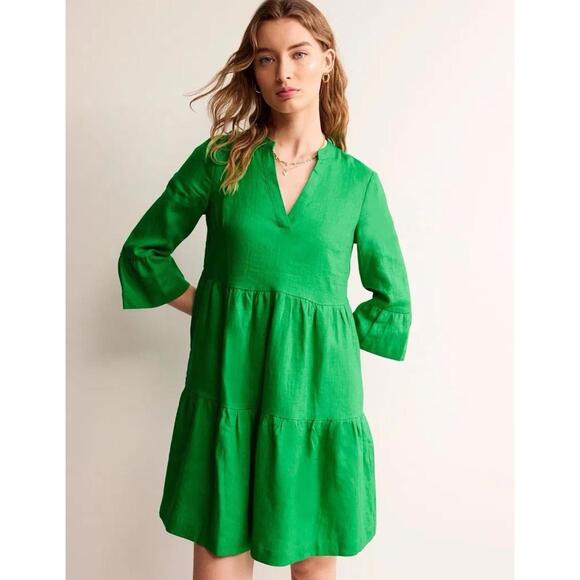 Boden Dresses & Skirts - Boden Women’s Green Linen Sophia Airy Tiered Summer Mini Dress Sz 10L